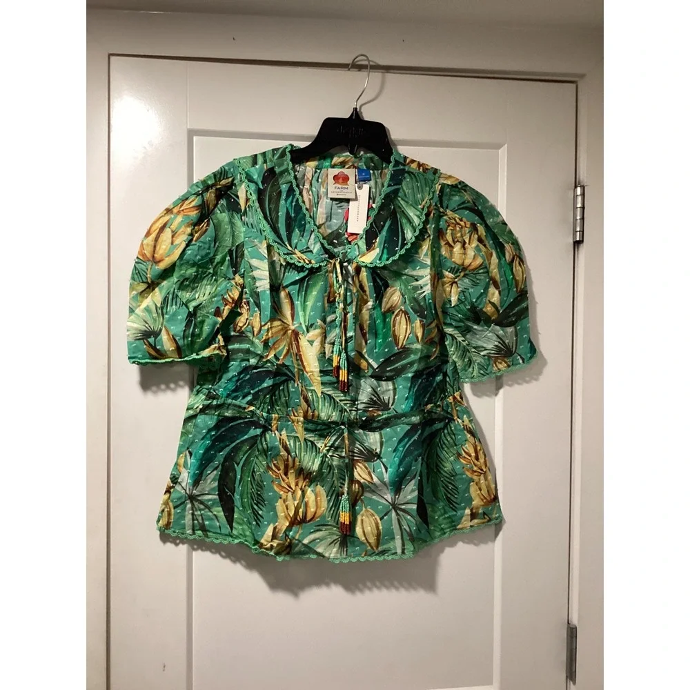 Farm Rio for Anthropologie Green Tropical Banana Print Puff Sleeve Blouse NWT M